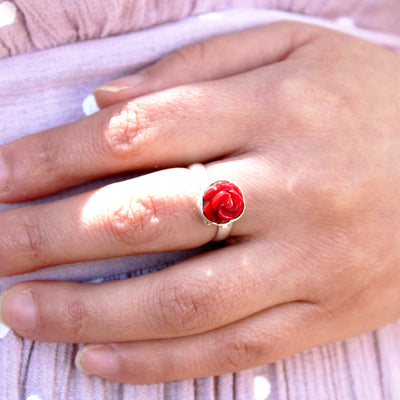 Anillo Rosa Eterna Roja de Coral Roja y Plata Fina 925