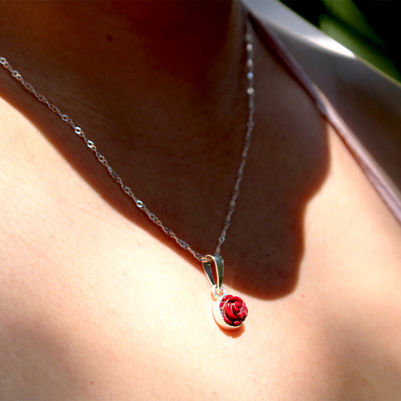 Set  Rosa Eterna Roja de Coral Roja y Plata Fina 925