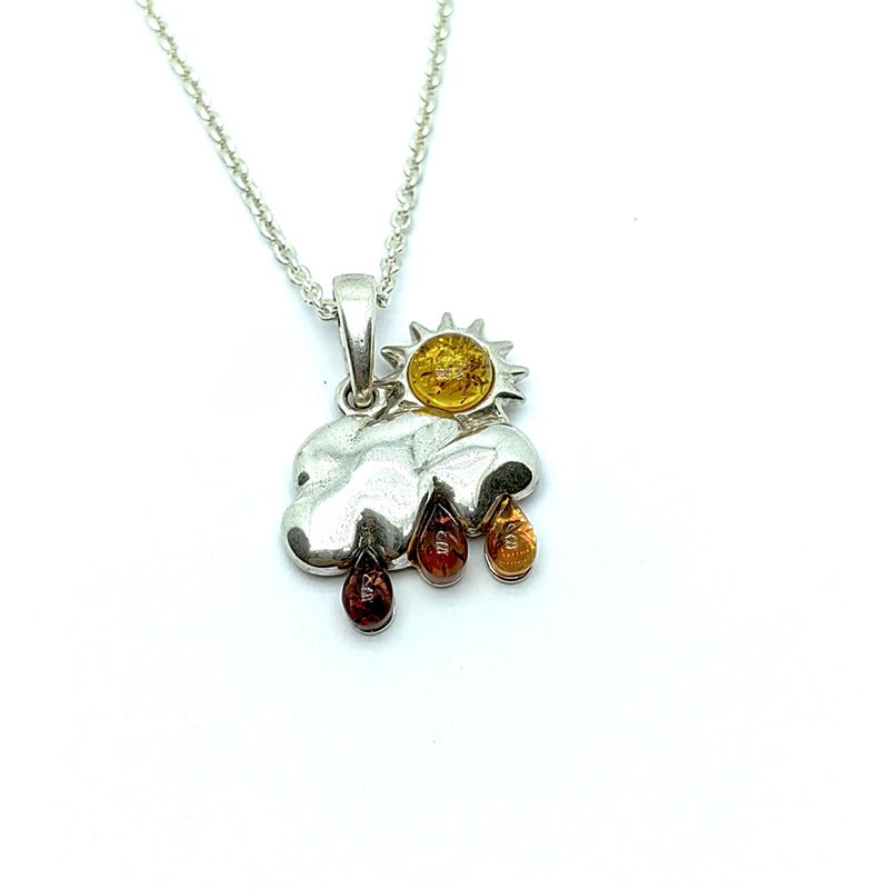 Collar Dia Lluvioso Sol Nube Ambar Baltico Plata Fina