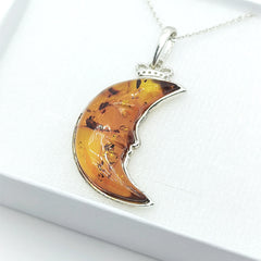 Collar Media Luna Reyna Ambar Baltico Plata Fina