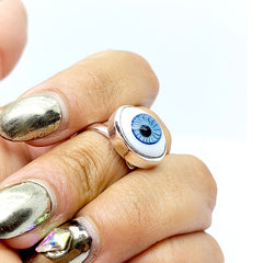 Anillo Ojo Turco Azul Celeste Mediano Plata 925