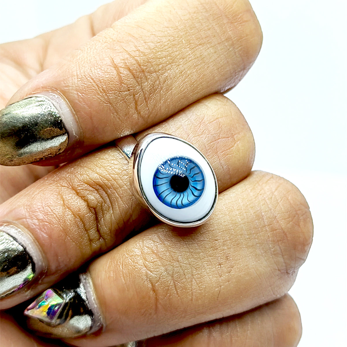 Anillo Ojo Turco Azul Celeste Mediano Plata 925