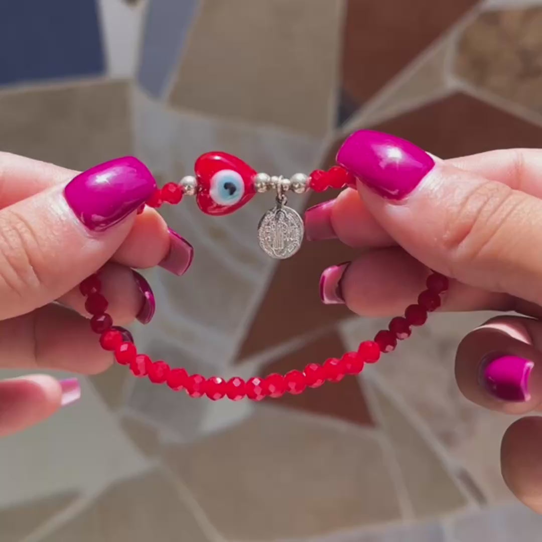 Pulsera Corazon De Ojo Turco y San Benito Abad Plata 925