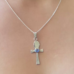 DIJE CRUZ EGIPCIA CON OJO TURCO AZUL PROTECCION PLATA 925