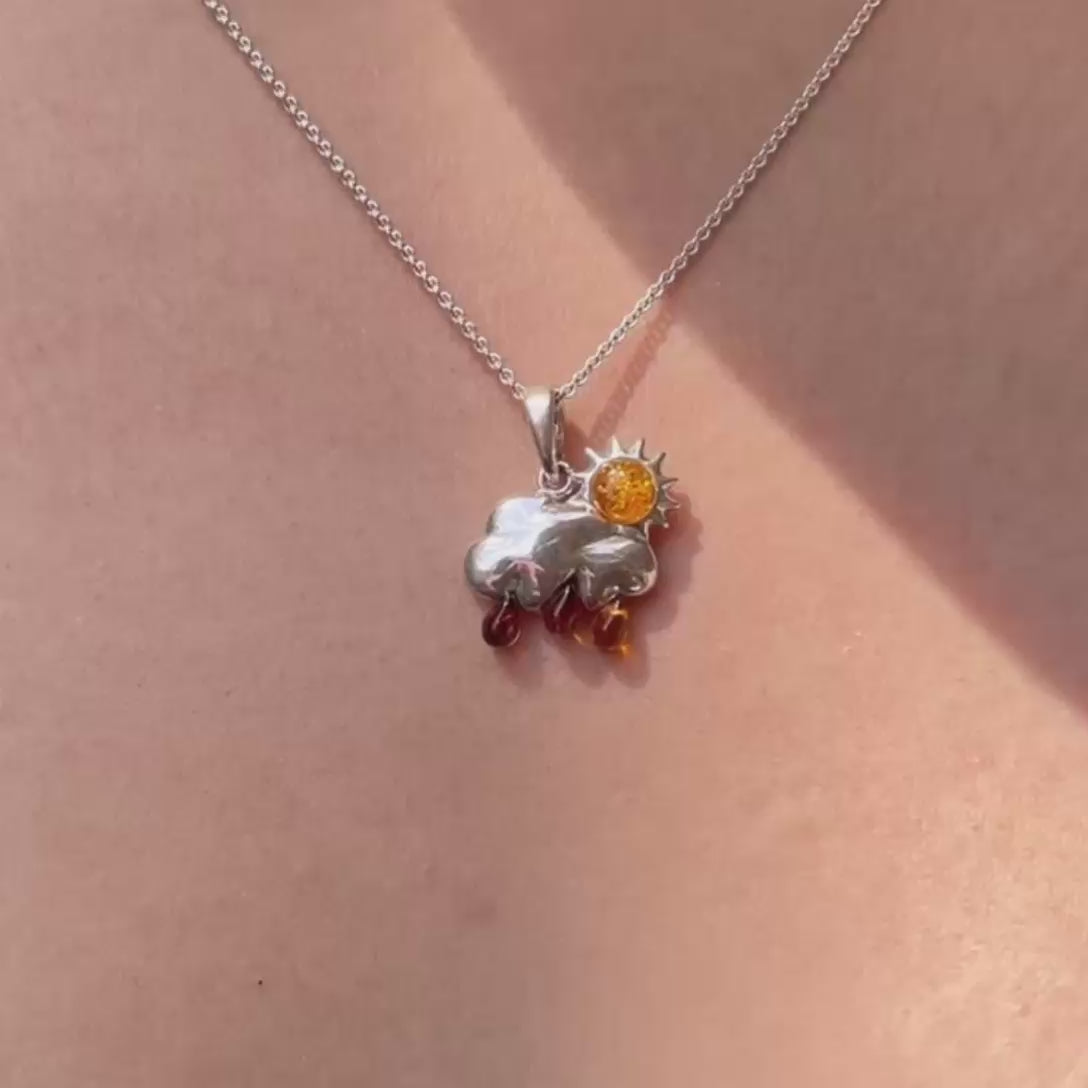 Collar Dia Lluvioso Sol Nube Ambar Baltico Plata Fina