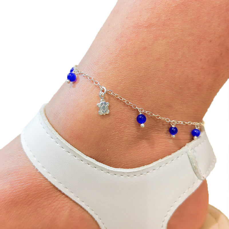 Pulsera Tobillera Tortuga con Piedra Natural Agata Azul Plata 925