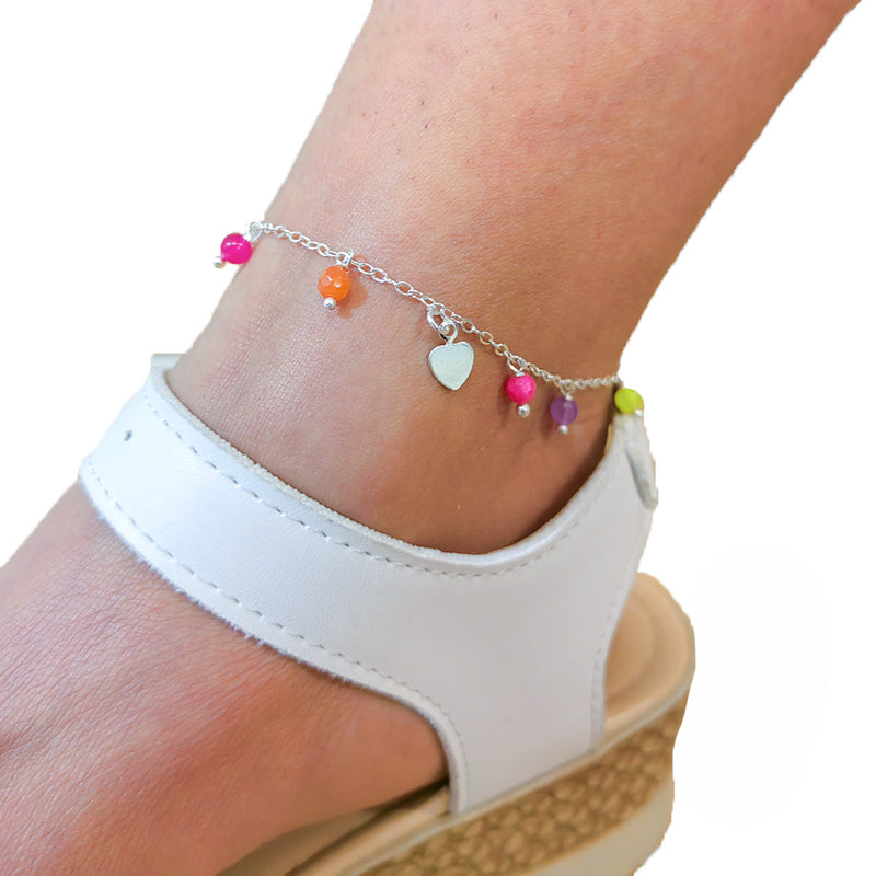 Pulsera Tobillera Corazon Solitario con Agatas Plata 925