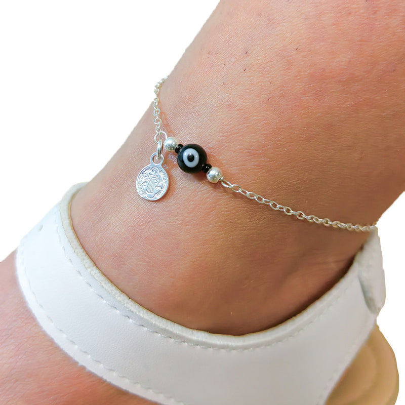 Pulsera Tobillera Medalla San Benito y Ojo Turco Proteccion