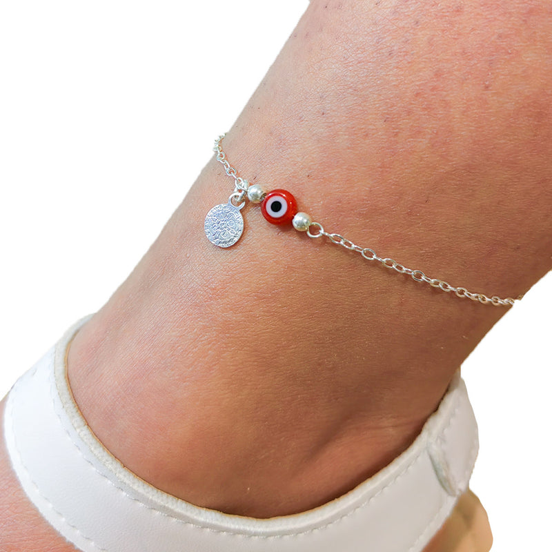 Pulsera Tobillera Medalla San Benito y Ojo Turco Rojo Proteccion