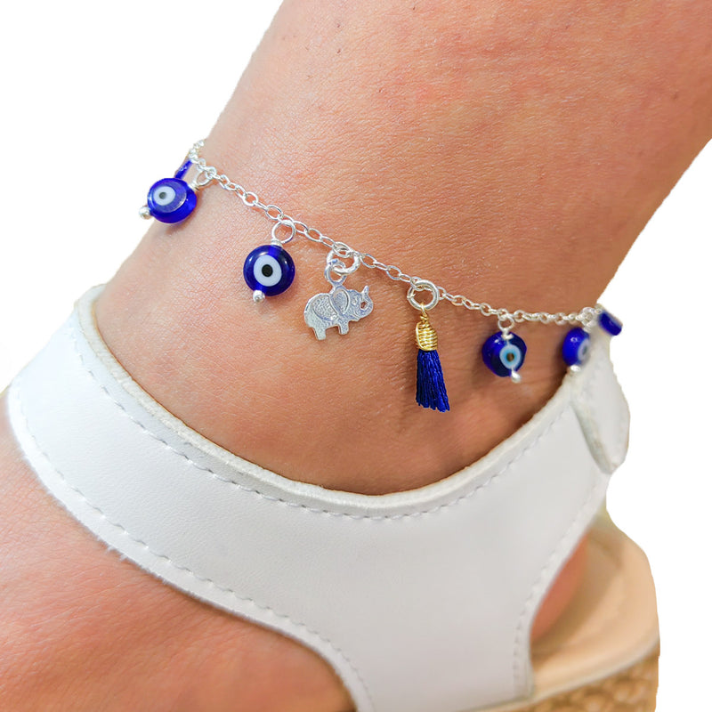 Pulsera Tobillera Ojo Turco Azul con Elefante de la Suerte Plata 925