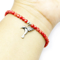 Pulsera de Coral Rojo y Colibri en Vuelo Plata 925